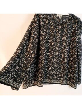 Max Studio Black White Floral Peasant Top Bell Sleeve Boho Women M